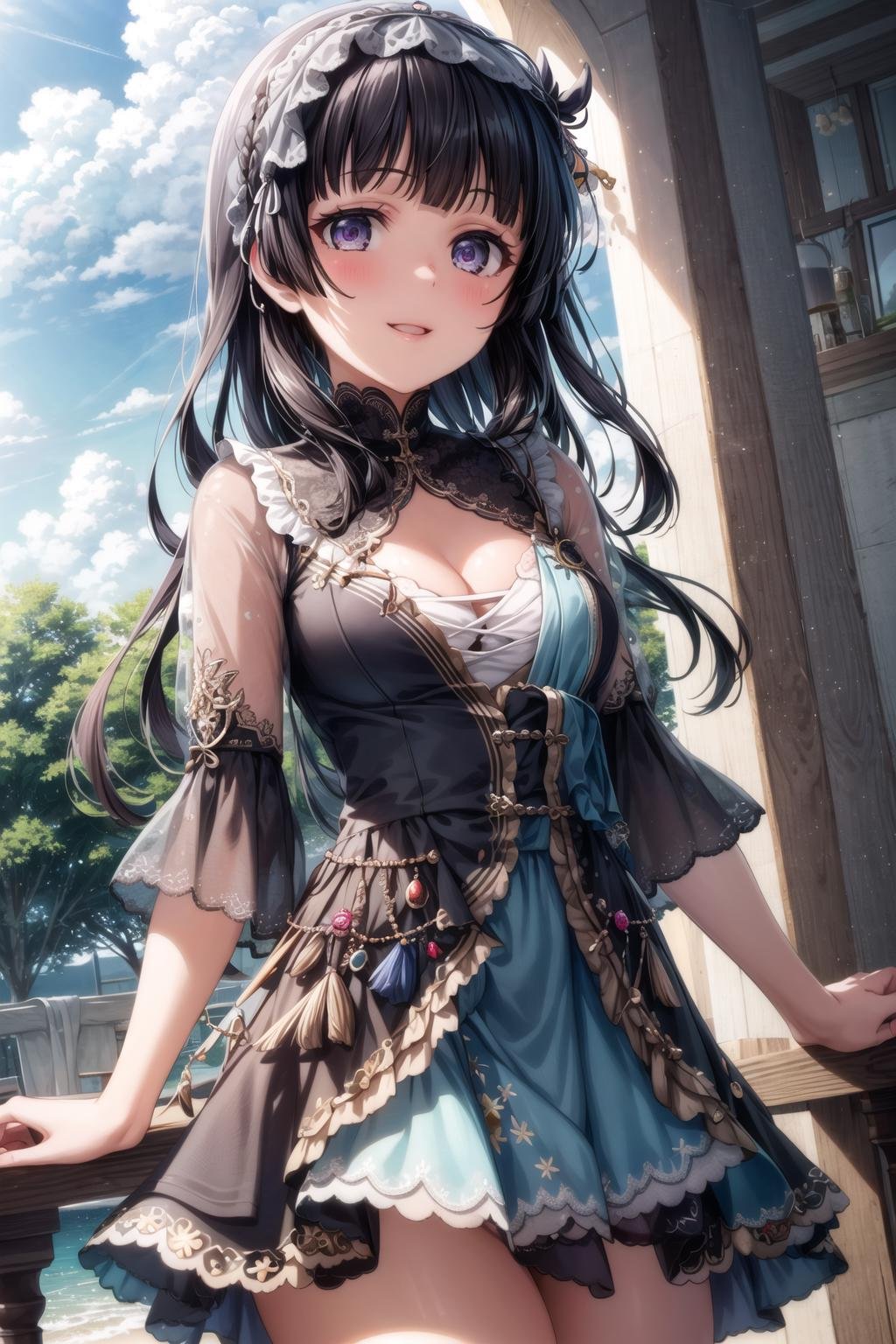 (masterpiece, best quality, ultra-detailed), (illustration), (beautiful detailed eyes), 1girl, solo, shirogane rinko, black hair, long hair, purple eyes, bangs, (blunt bangs:1.3), <lora:RinkoV1.3:0.6>, medium breasts(dress, frills, frilled dress, thighs, cleavage:1.1),light smile, cowboy shot, (tareme:1.3), parted lipsoutdoors, greenery, blue sky, clouds, depth of field, <lora:GoodHands-vanilla:1> <lora:tareme:0.6>,  <lora:more_details:0.4>  <lora:epi_noiseoffset2:1> <lora:SimplePositive_v1_AutoRunMech:1>