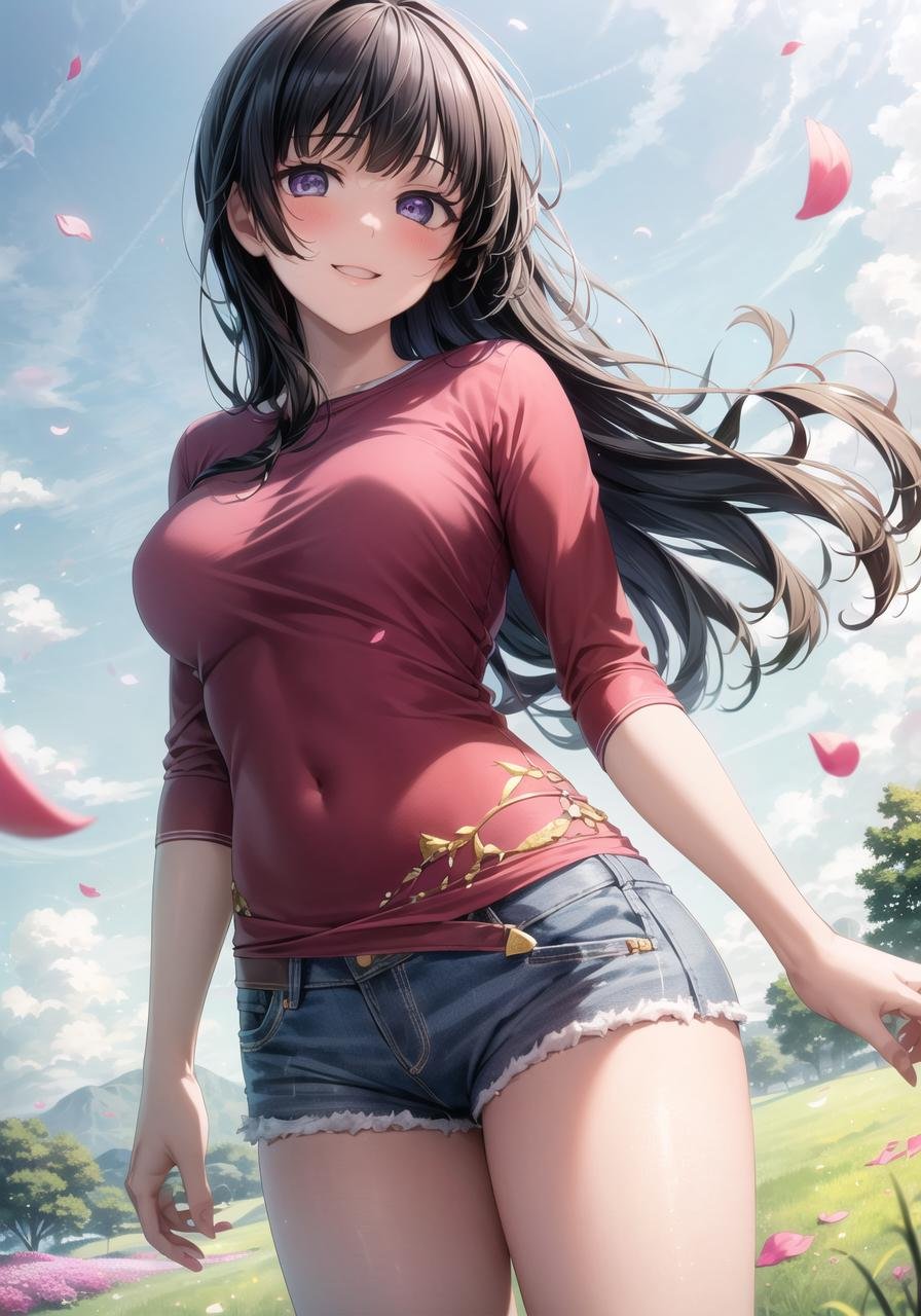 (masterpiece, best quality, ultra-detailed), (illustration), (beautiful detailed eyes), 1girl, shirogane rinko, black hair, long hair, purple eyes, bangs, (blunt bangs:1.3), <lora:RinkoV1.3:0.6>, large breasts(t-shirt, denim shorts, micro shorts, thighs, ),light smile, (cowboy shot), tareme, (arms support), (standing)(outdoors, grass, flowers, petals, falling petals, blue sky:1.3), depth of field, <lora:1651489307798708599:0.2> <lora:add_detail:0.5> <lora:GoodHands-vanilla:1> <lora:tareme:0.4>,  <lora:SimplePositive_v1_AutoRunMech:1>