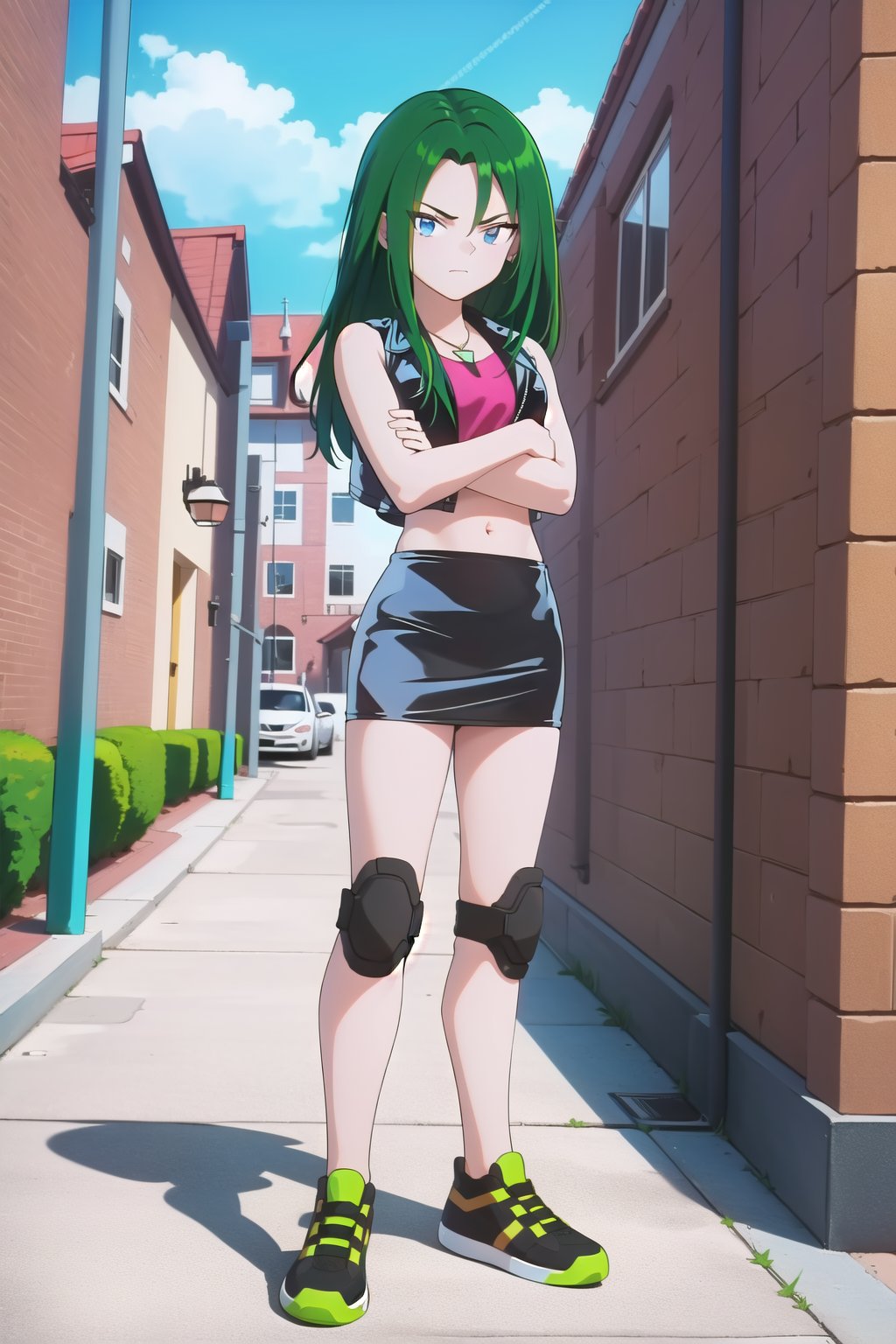 (masterpiece, highres, best quality:1.3), tyra, 1girl, solo, long hair, looking at viewer, bangs, blue eyes, skirt, detailed background, shirt, outdoors, navel, jewelry, closed mouth, standing, jacket, full body, green hair, shoes, sleeveless, midriff, miniskirt, black skirt, vest, crop top, crossed arms, sneakers, pencil skirt, knee pads, sleeveless jacket, cropped jacket