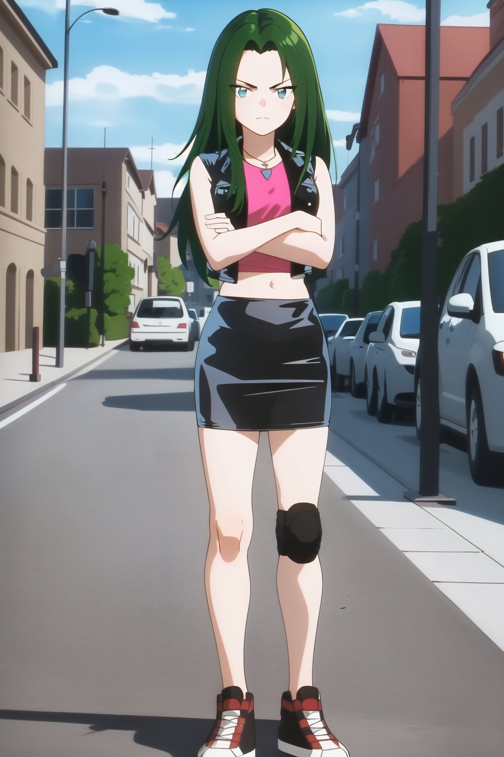 (masterpiece, highres, best quality:1.3), tyra, 1girl, solo, long hair, looking at viewer, bangs, blue eyes, skirt, detailed background, shirt, outdoors, navel, jewelry, closed mouth, standing, jacket, full body, green hair, shoes, sleeveless, midriff, miniskirt, black skirt, vest, crop top, crossed arms, sneakers, pencil skirt, knee pads, sleeveless jacket, cropped jacket