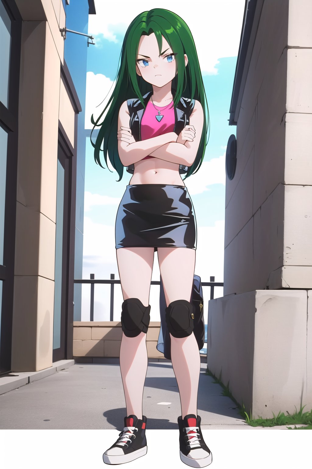 (masterpiece, highres, best quality:1.3), tyra, 1girl, solo, long hair, looking at viewer, bangs, blue eyes, skirt, detailed background, shirt, outdoors, navel, jewelry, closed mouth, standing, jacket, full body, green hair, shoes, sleeveless, midriff, miniskirt, black skirt, vest, crop top, crossed arms, sneakers, pencil skirt, knee pads, sleeveless jacket, cropped jacket