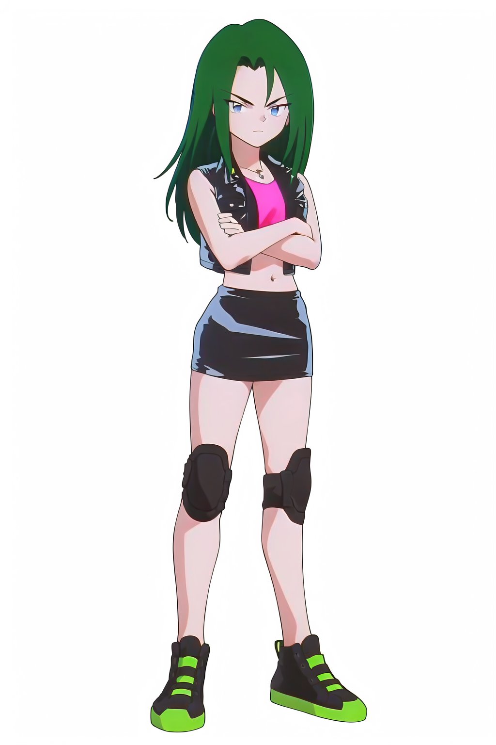 (masterpiece, highres, best quality:1.3), tyra, 1girl, solo, long hair, looking at viewer, bangs, blue eyes, skirt, simple background, shirt, white background, navel, jewelry, closed mouth, standing, jacket, full body, green hair, shoes, sleeveless, midriff, miniskirt, black skirt, vest, crop top, crossed arms, sneakers, pencil skirt, knee pads, sleeveless jacket, cropped jacket