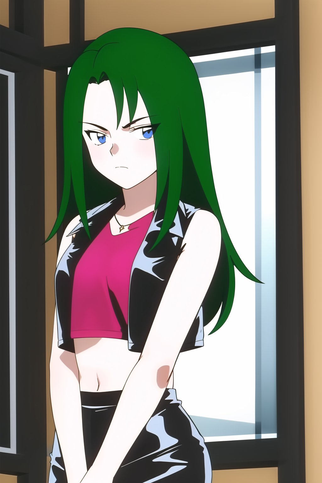 (masterpiece, highres, best quality:1.3), tyra, 1girl, solo, long hair, looking at viewer, bangs, blue eyes, skirt, detailed background, shirt, outdoors, navel, jewelry, closed mouth, standing, jacket, upper body, green hair,sleeveless, midriff, miniskirt, black skirt, vest, crop top, crossed arms, pencil skirt, sleeveless jacket, cropped jacket