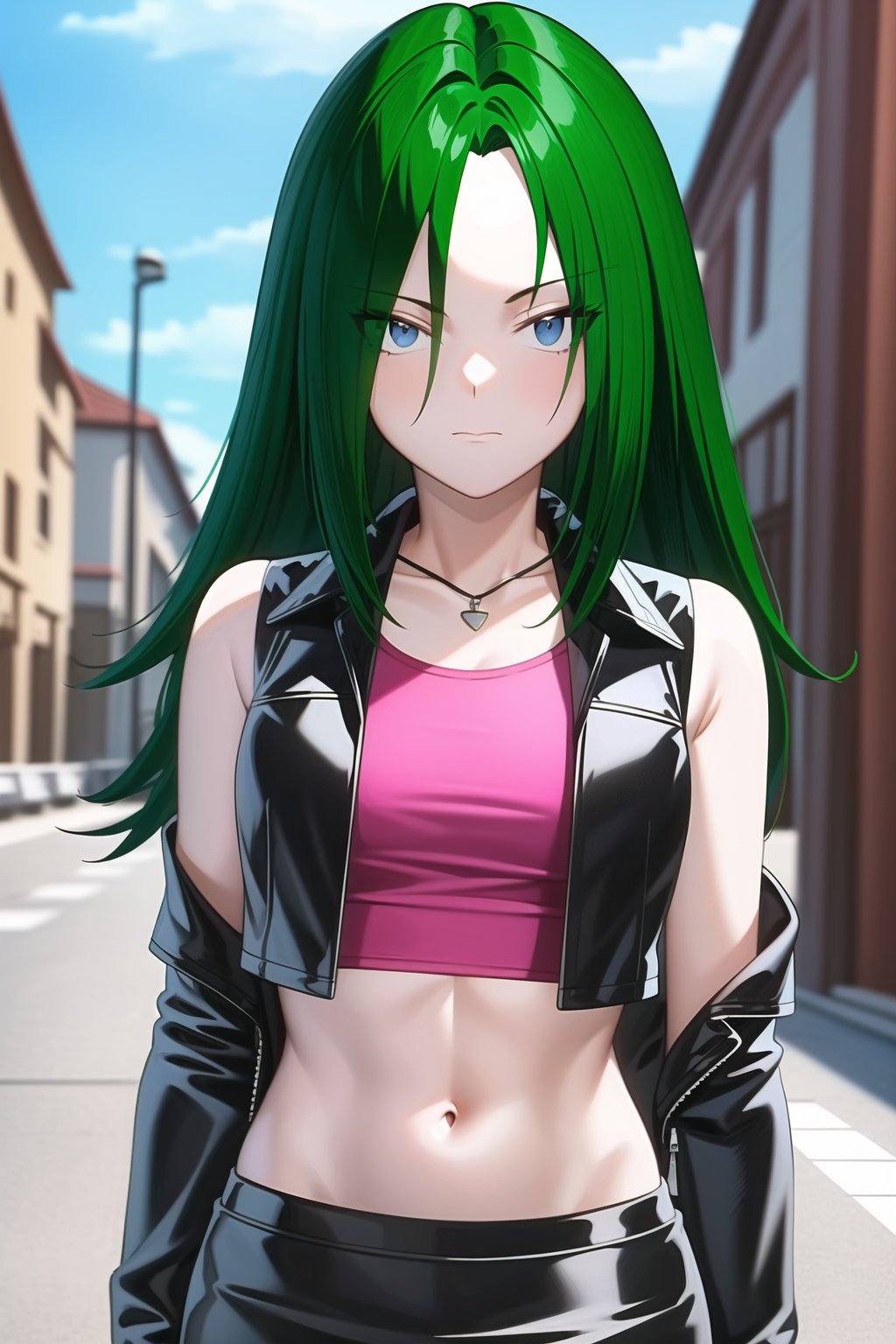 (masterpiece, highres, best quality:1.3), tyra, 1girl, solo, long hair, looking at viewer, bangs, blue eyes, skirt, detailed background, shirt, outdoors, navel, jewelry, closed mouth, standing, jacket, upper body, green hair,sleeveless, midriff, miniskirt, black skirt, vest, crop top, crossed arms, pencil skirt, sleeveless jacket, cropped jacket, eyes_visible_through_hair