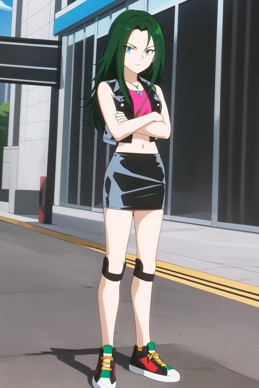 (masterpiece, highres, best quality:1.3), tyra, 1girl, solo, long hair, looking at viewer, bangs, blue eyes, skirt, detailed background, shirt, outdoors, navel, jewelry, closed mouth, standing, jacket, full body, green hair, shoes, sleeveless, midriff, miniskirt, black skirt, vest, crop top, crossed arms, sneakers, pencil skirt, knee pads, sleeveless jacket, cropped jacket