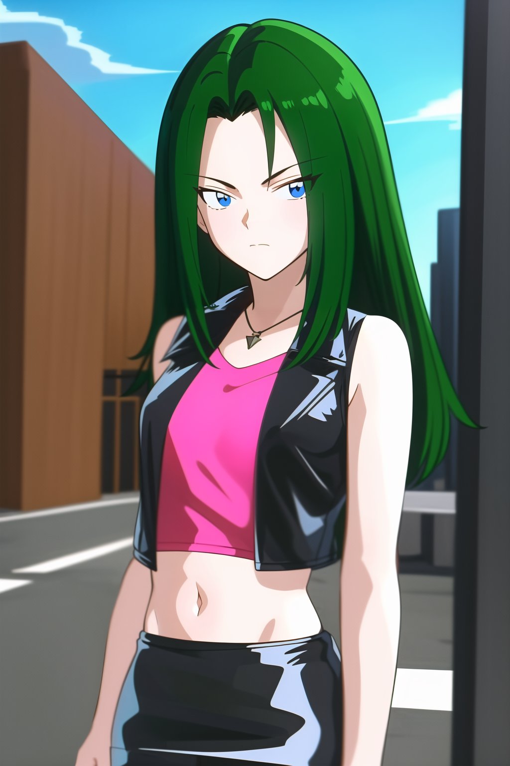 (masterpiece, highres, best quality:1.3), tyra, 1girl, solo, long hair, looking at viewer, bangs, blue eyes, skirt, detailed background, shirt, outdoors, navel, jewelry, closed mouth, standing, jacket, upper body, green hair,sleeveless, midriff, miniskirt, black skirt, vest, crop top, crossed arms, pencil skirt, sleeveless jacket, cropped jacket, eyes_visible_through_hair