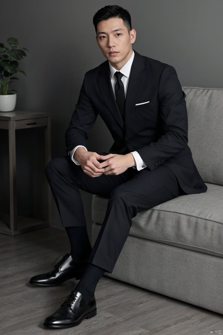  1man,male focus,asian,exquisite facial features,handsome,deep eyes,muscular,suit,pants,(black sheer socks),footwear,solitary and mysterious atmosphere,graceful yet melancholic posture,sitting,full shot,dutch angle,from_side,medium_shot,moody lighting,(masterpiece, realistic, best quality, highly detailed, Ultra High Resolution, Photo Art, profession),jzns,br,Beyondv4-neg,NegfeetV2