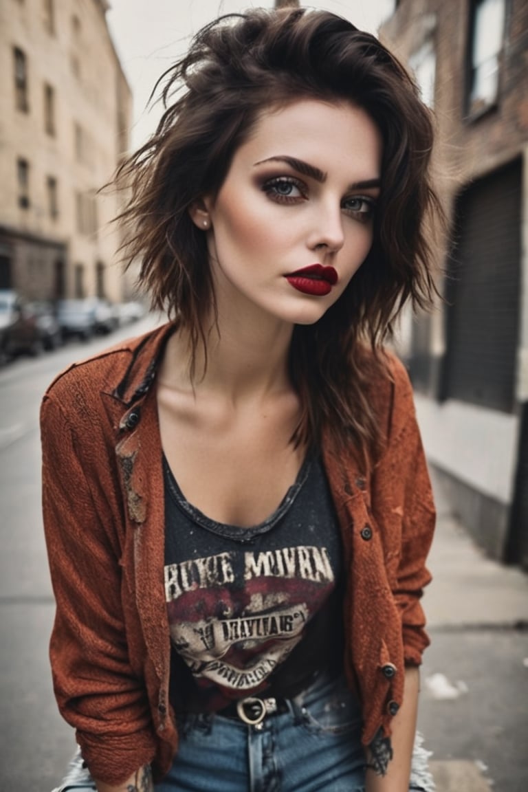 Grunge style beautiful woman, . Textured, distressed, vintage, edgy, punk rock vibe, dirty, noisy
, b4b1