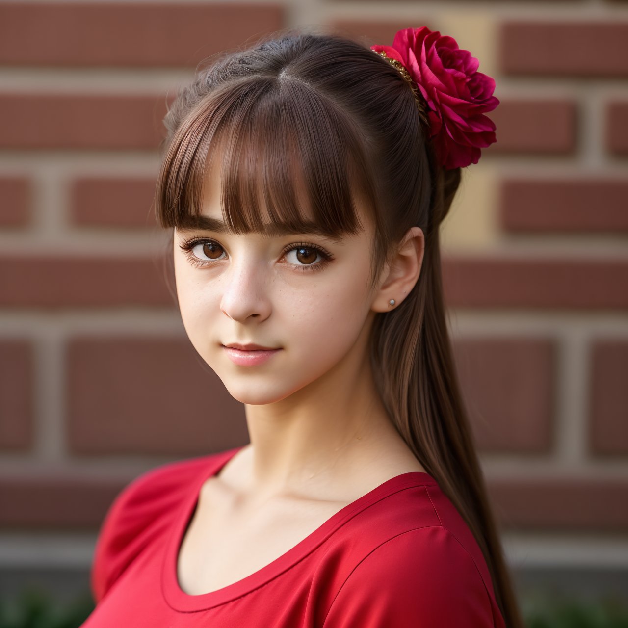 SFW, (masterpiece:1.3), best quality, extra resolution, view from above, portrait of stunning (AIDA_LoRA_EvaR:1.21) <lora:AIDA_LoRA_EvaR:0.76> in a red shirt and with a flower in her hair standing next to the brick wall, outdoors, sunlight, building, young teen girl, pretty face, naughty, funny, happy, playful, intimate, cinematic, dramatic, insane level of details, intricate pattern, studio photo, kkw-ph1, hdr, f1.7