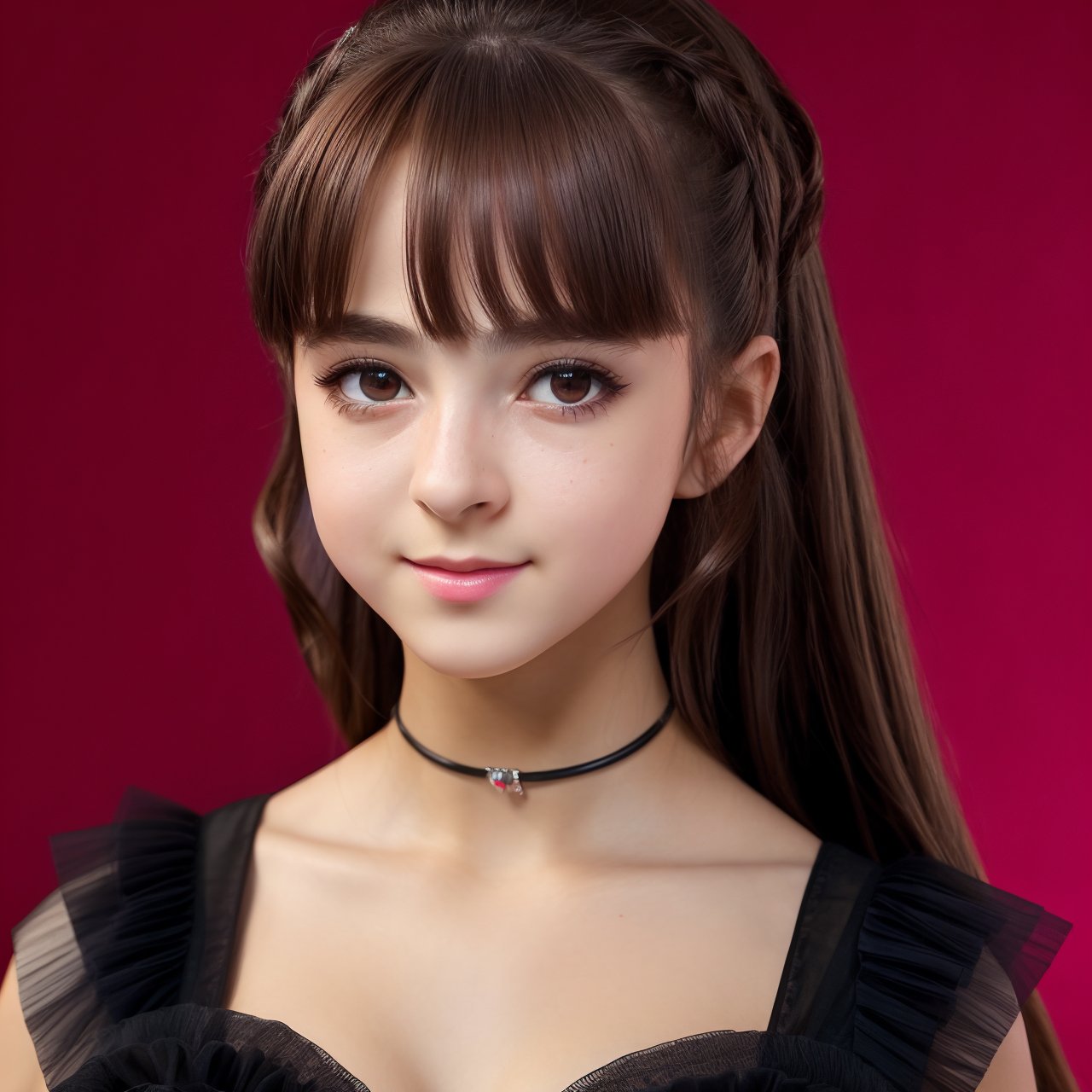 SFW, (masterpiece:1.3), best quality, extra resolution, dolly short, close up of charming (AIDA_LoRA_EvaR:1.04) <lora:AIDA_LoRA_EvaR:0.86> posing for a picture on simple red background, young girl with pretty face, black dress, flirting, cinematic, studio photo, kkw-ph1, hdr, f1.8