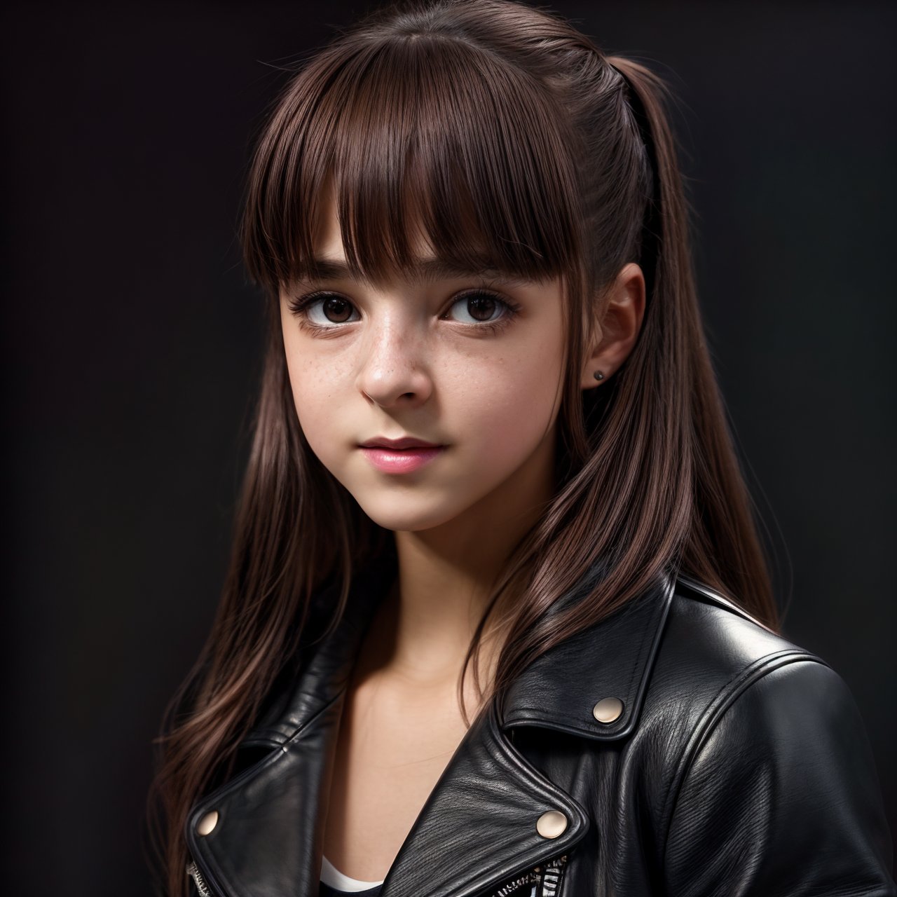 best quality, extra resolution, close up portrait of (AIDA_LoRA_EvaR:1.04) <lora:AIDA_LoRA_EvaR:0.89> as cute little girl, pretty face, naughty, funny, happy, playful, intimate, flirting with camera, wearing leather jacket, cinematic, studio photo, kkw-ph1, (colorful:1.1), (dark theme:1.1) <lora:LowRA:0.2>, <lora:tangbohu-detailer_1.0:1>, (black background:1.3)