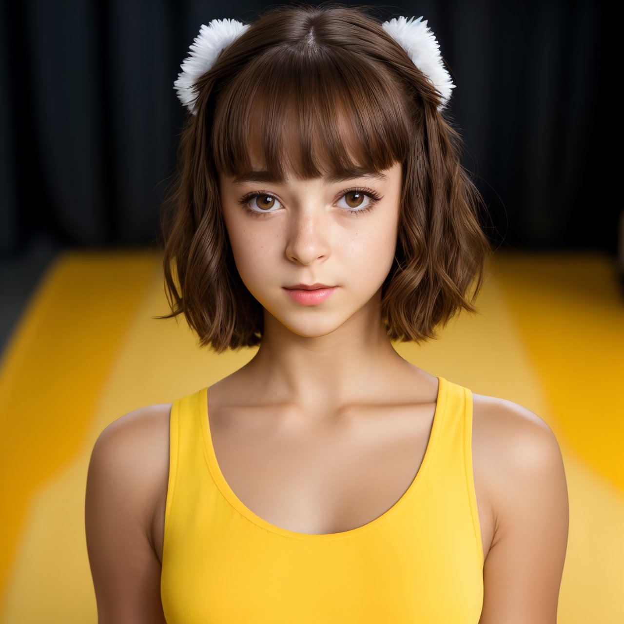 SFW, (masterpiece:1.3), wallpaper, distant short of stunning (AIDA_LoRA_EvaR:1.15) <lora:AIDA_LoRA_EvaR:0.78> posing for a picture on yellow background, young girl, pretty face, t-shirt, naughty, funny, happy, playful, intimate, cinematic, dramatic, studio photo, kkw-ph1, hdr, f1.5, getty images