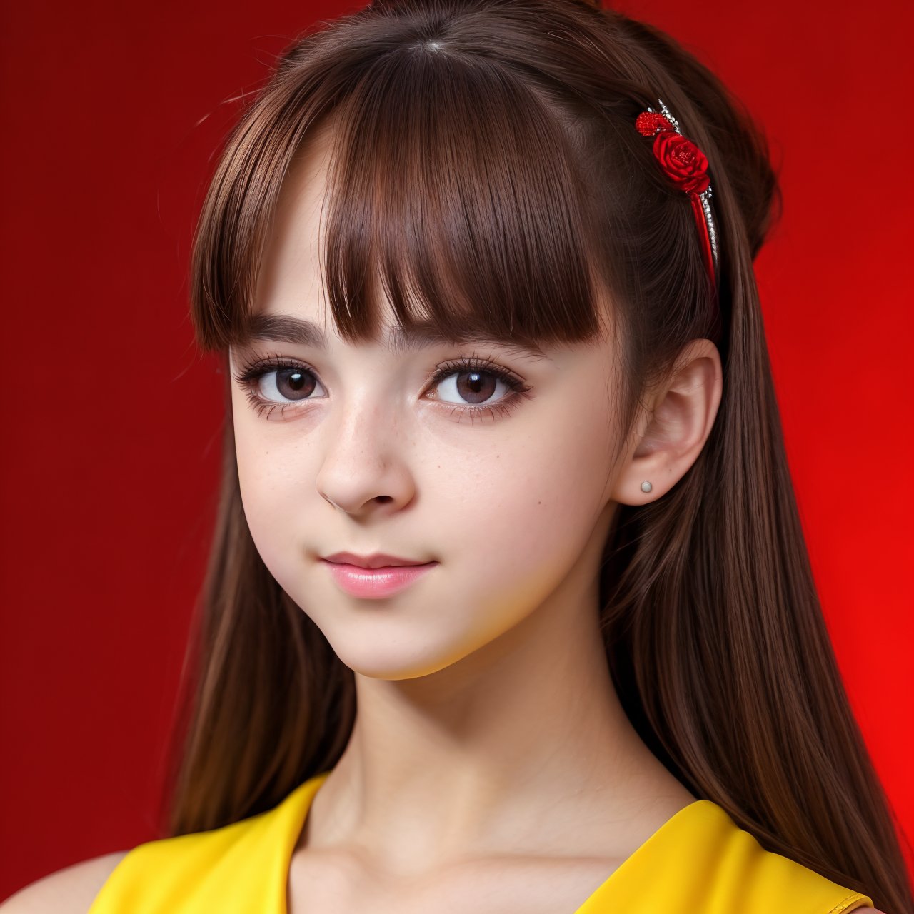 SFW, (masterpiece:1.3), best quality, extra resolution, looking back, close up portrait of adorable (AIDA_LoRA_EvaR:1.13) <lora:AIDA_LoRA_EvaR:0.83> wearing yellow dress and posing for a picture on red background, noisy red background, young teen, pretty face, intimate, insane level of details, studio photo, kkw-ph1, hdr, f1.5