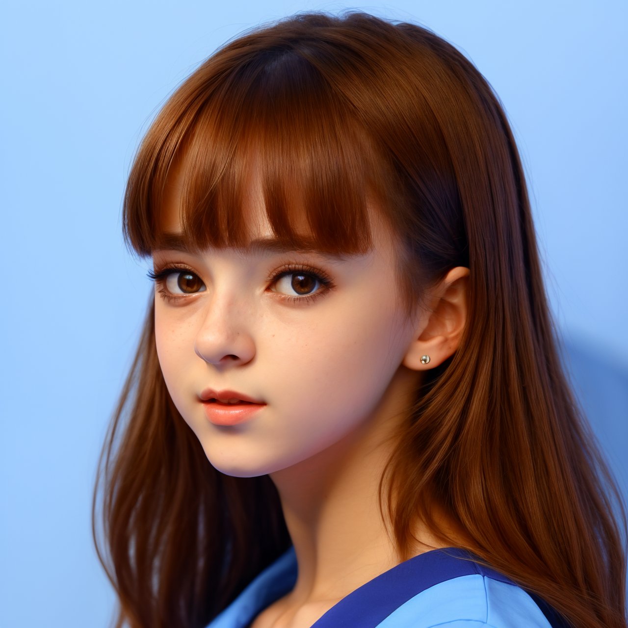 SFW, (masterpiece:1.3), close up portrait of cute (AIDA_LoRA_EvaR:1.07) <lora:AIDA_LoRA_EvaR:0.67> wearing shirt and posing for a picture on blue background, noisy blue background, pretty face, open mouth, hyper realistic, trending on getty images