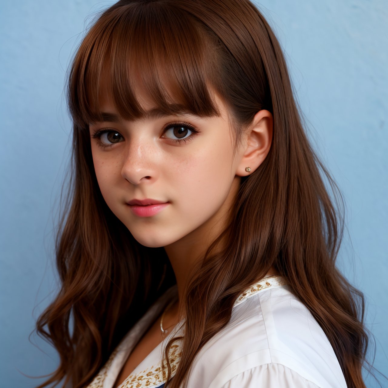 SFW, extra resolution, looking back, portrait of charming (AIDA_LoRA_EvaR:1.1) <lora:AIDA_LoRA_EvaR:0.75> posing for a picture on blue background, blue wall with pattern on the background, blue room, young girl, pretty face, white shirt, open mouth, cinematic, insane level of details, intricate pattern, studio photo, kkw-ph1, hdr, f1.6, getty images