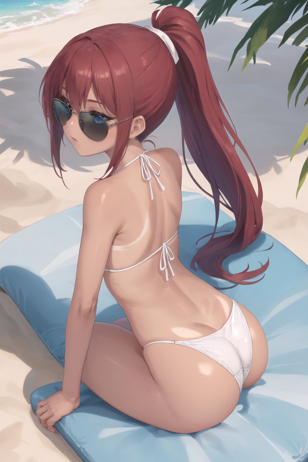 masterpiece, 1girl, solo, flat chest, blue eyes, long hair,straight hair, ponytail, very long pompadour, (Hands:1.1) ,better_hands,long legs,tall,medium butt, sensual, dark red hair, whole body, slim,shiny skin,shiny hair,((white bikini)), ((tanned)),rest,relax, Chaise longue,sunglasses,beach,<lora:EMS-297153-EMS:0.400000>