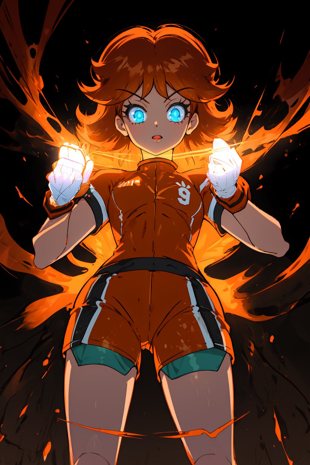 1girl,  solo, aura,  glowing, energy, cowboy shot, JJKstyle, glowing hands ,daisy, 1girl, solo, orange uniform, soccer uniform, orange top, short sleeves, white gloves, shorts, orange socks, shoes, cleats, orange attire