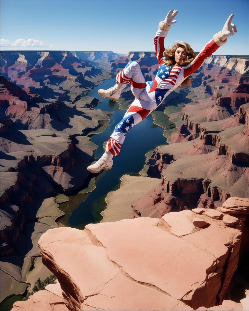 [Farrah Fawcett|Aly Michalka], Stunt Jumping over the grand canyon, evel knievel cosplay,  