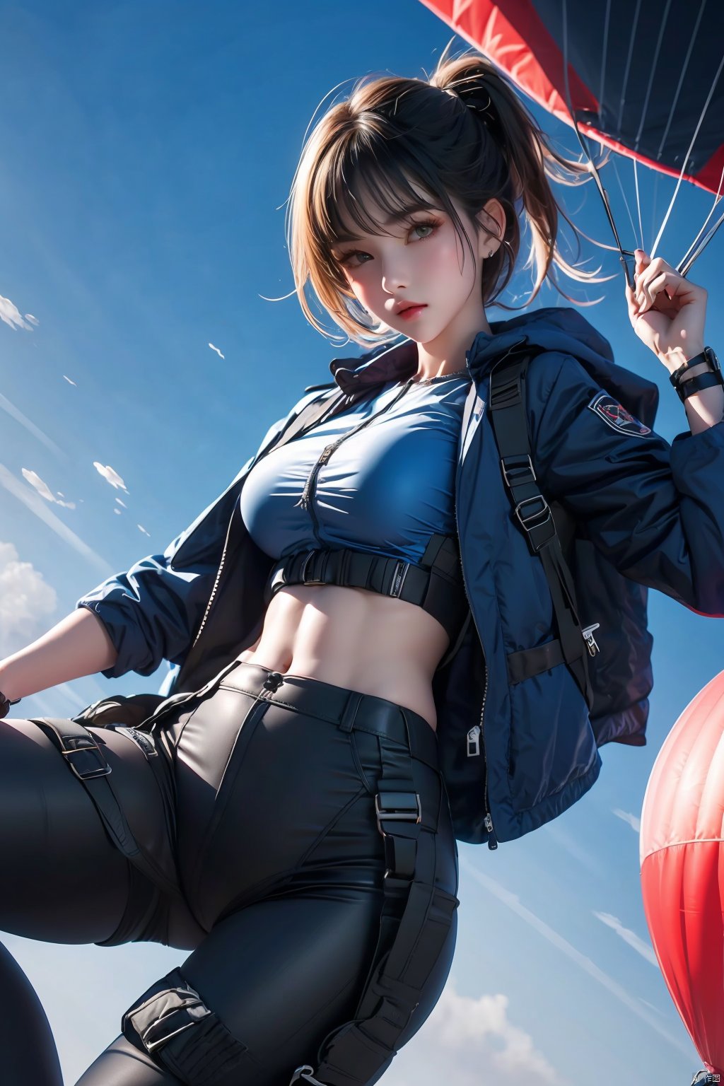  1 girl,In the sky,Tight pants,Parachute,jacket sky,thigh holster,thigh strap,