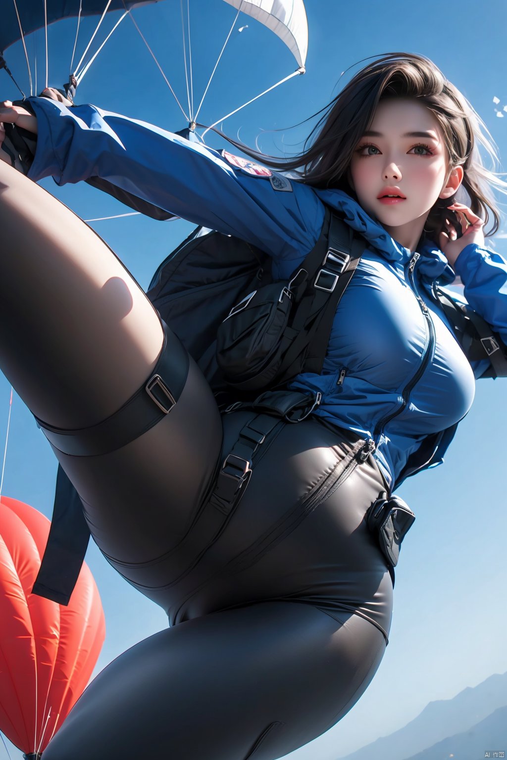  1 girl,In the sky,Tight pants,Parachute,jacket sky,thigh holster,thigh strap,