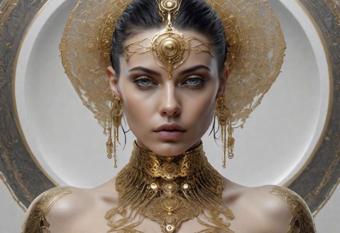 breathtaking portrait of naked female looking at viewer,  gold ornaments,  in the style of gothic futurism by cyberphantom...