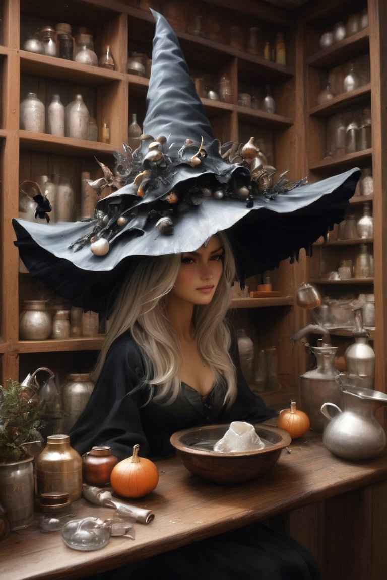 A witch making a potion in her workshop, wearing a inkycapwitchhat with gills and drips, bookshelves, potion bottles, detailed setting, witch at work, colorful mystic fog, cauldron ,InkyCapWitchyHat