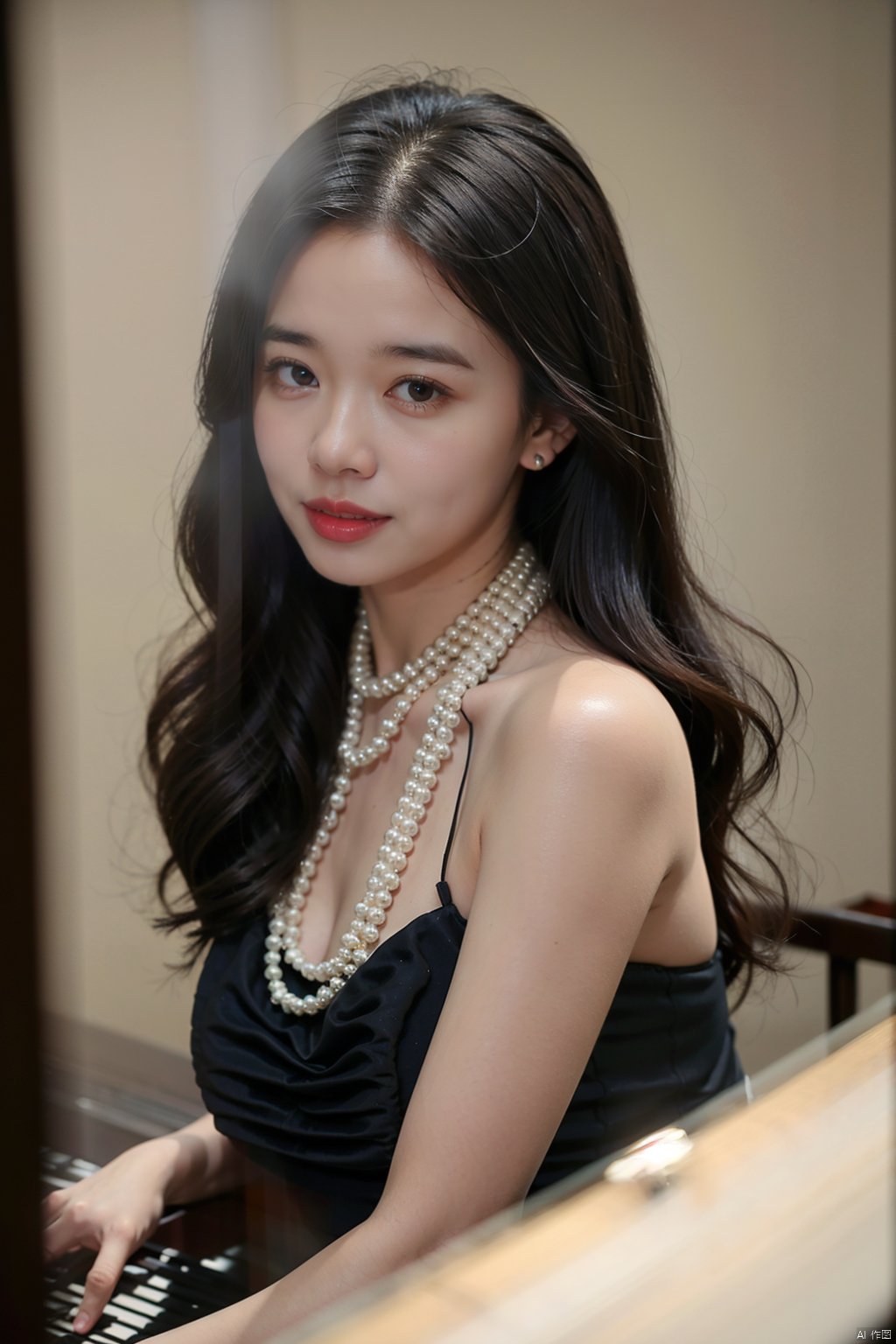 1girl, solo, long hair, looking at viewer, black hair, dress, bare shoulders, brown eyes, jewelry, parted lips, teeth, necklace, black dress, lips, halterneck, realistic, pearl necklace, piano
