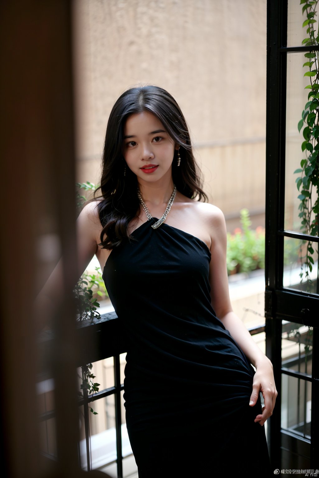 1girl, solo, long hair, looking at viewer, black hair, dress, bare shoulders, jewelry, standing, earrings, parted lips, necklace, black eyes, black dress, window, sleeveless dress, halterneck, watermark, plant, realistic
