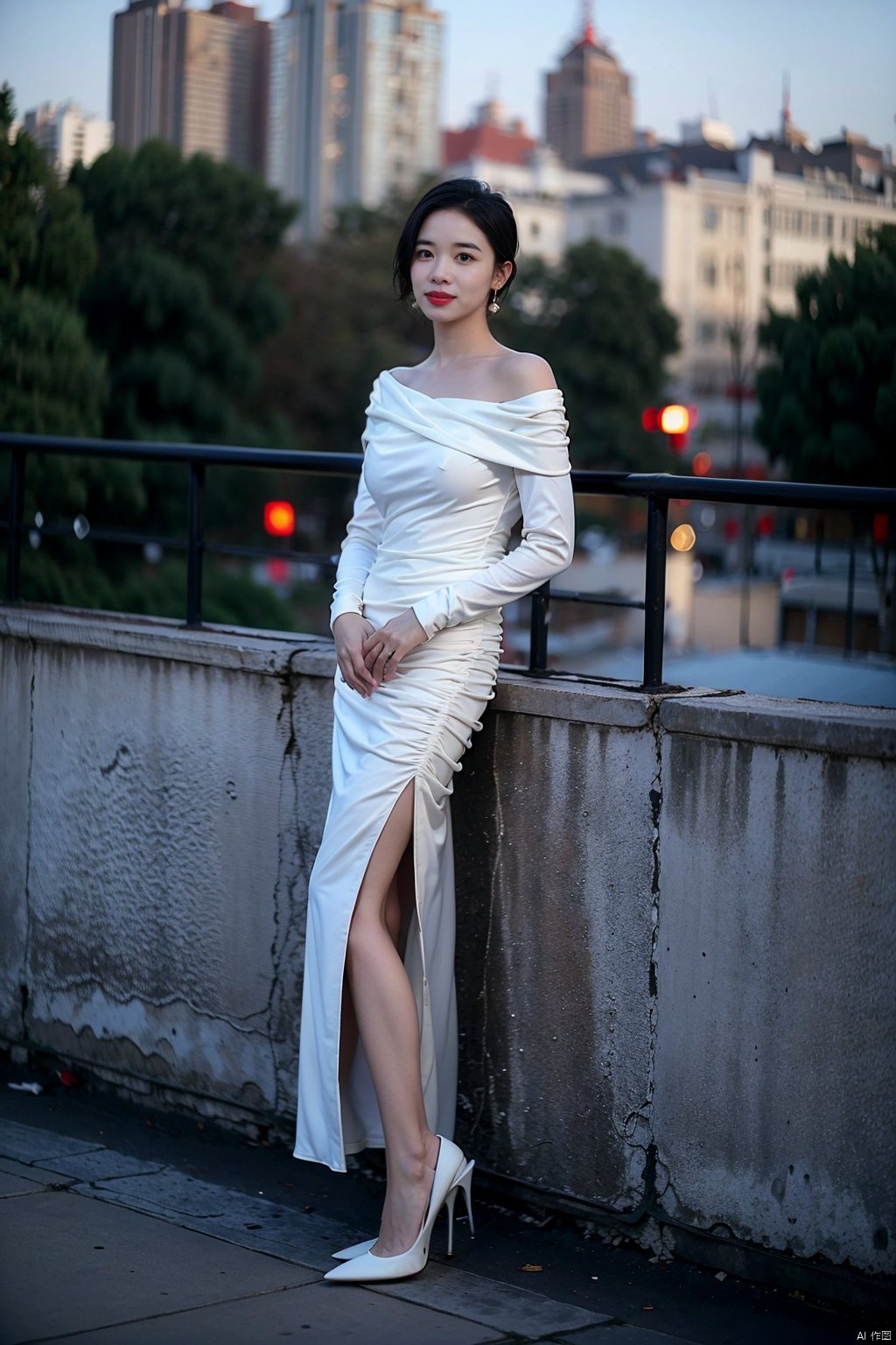 1girl, solo, looking at viewer, short hair, black hair, long sleeves, dress, jewelry, standing, full body, earrings, outdoors, parted lips, off shoulder, white dress, blurry, high heels, lips, makeup, depth of field, blurry background, white footwear, lipstick, side slit, red lips, stiletto heels
