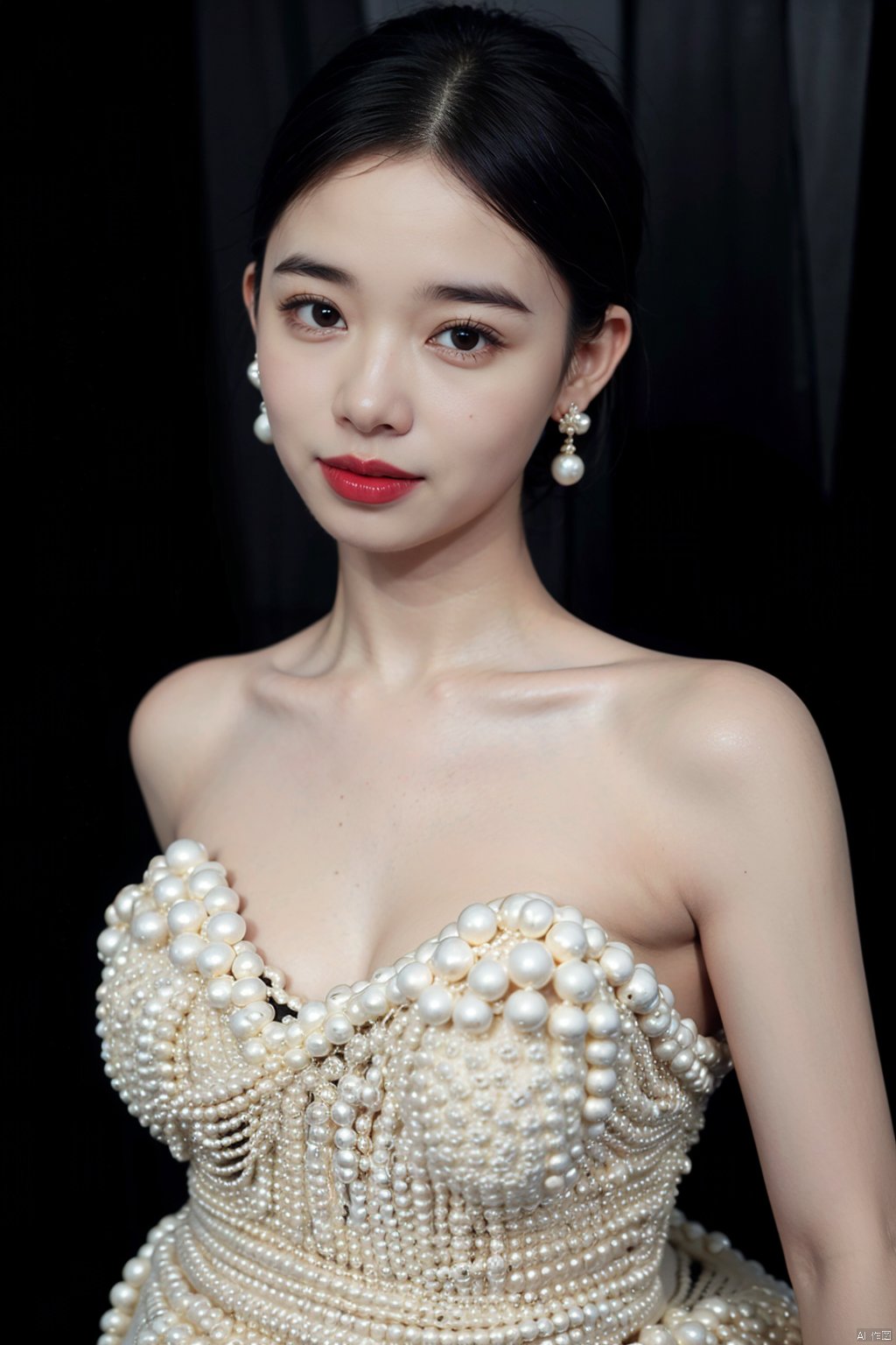 1girl, solo, looking at viewer, short hair, simple background, black hair, dress, bare shoulders, brown eyes, jewelry, upper body, earrings, parted lips, white dress, black eyes, lips, strapless, makeup, lipstick, black background, strapless dress, realistic, red lips
