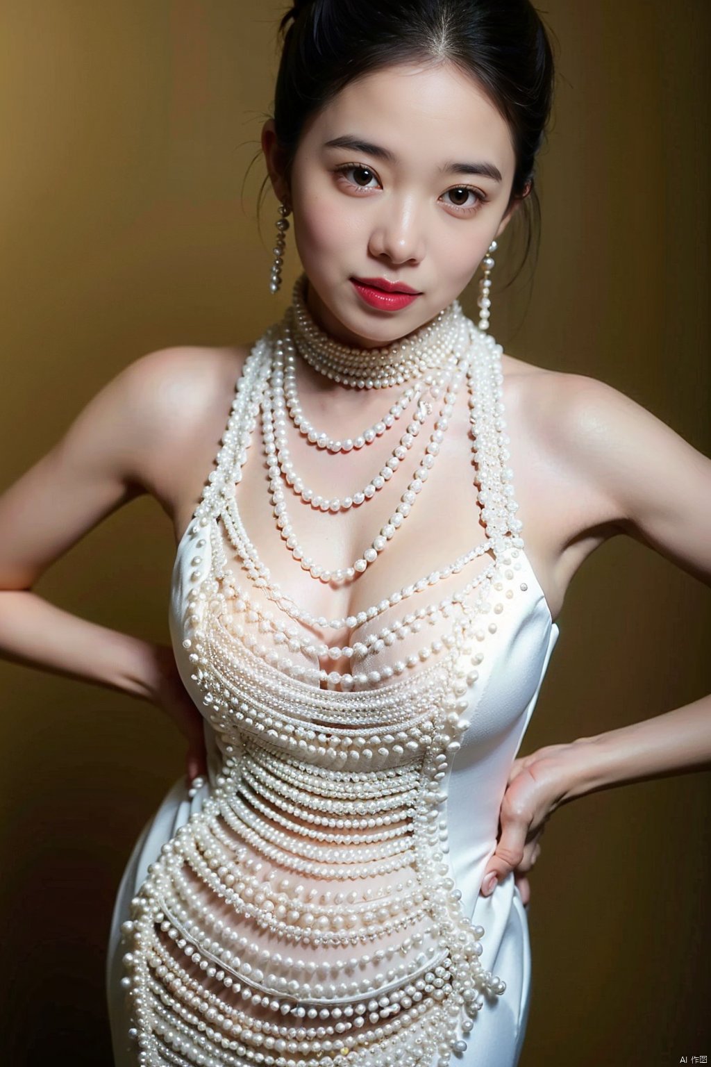 1girl, solo, breasts, black hair, dress, cleavage, brown eyes, jewelry, earrings, necklace, hair bun, white dress, makeup, lipstick, brown background, hands on hips, realistic, pearl necklace
