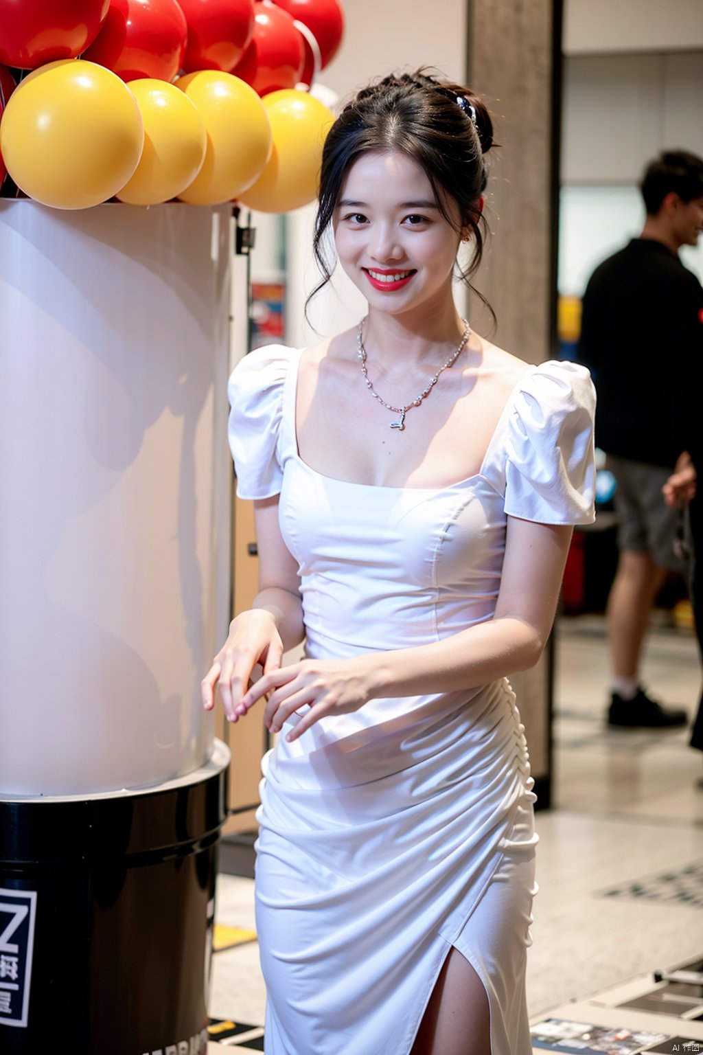 1girl, solo, looking at viewer, smile, black hair, dress, jewelry, teeth, necklace, white dress, grin, black eyes, makeup, lipstick, realistic
