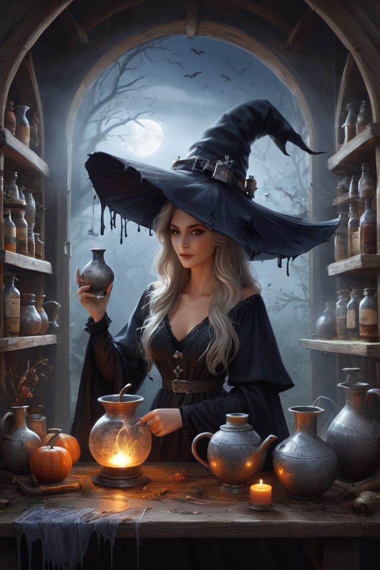 A witch making a potion in her workshop, wearing a inkycapwitchhat with gills and drips, bookshelves, potion bottles, detailed setting, witch at work, colorful mystic fog, cauldron ,InkyCapWitchyHat