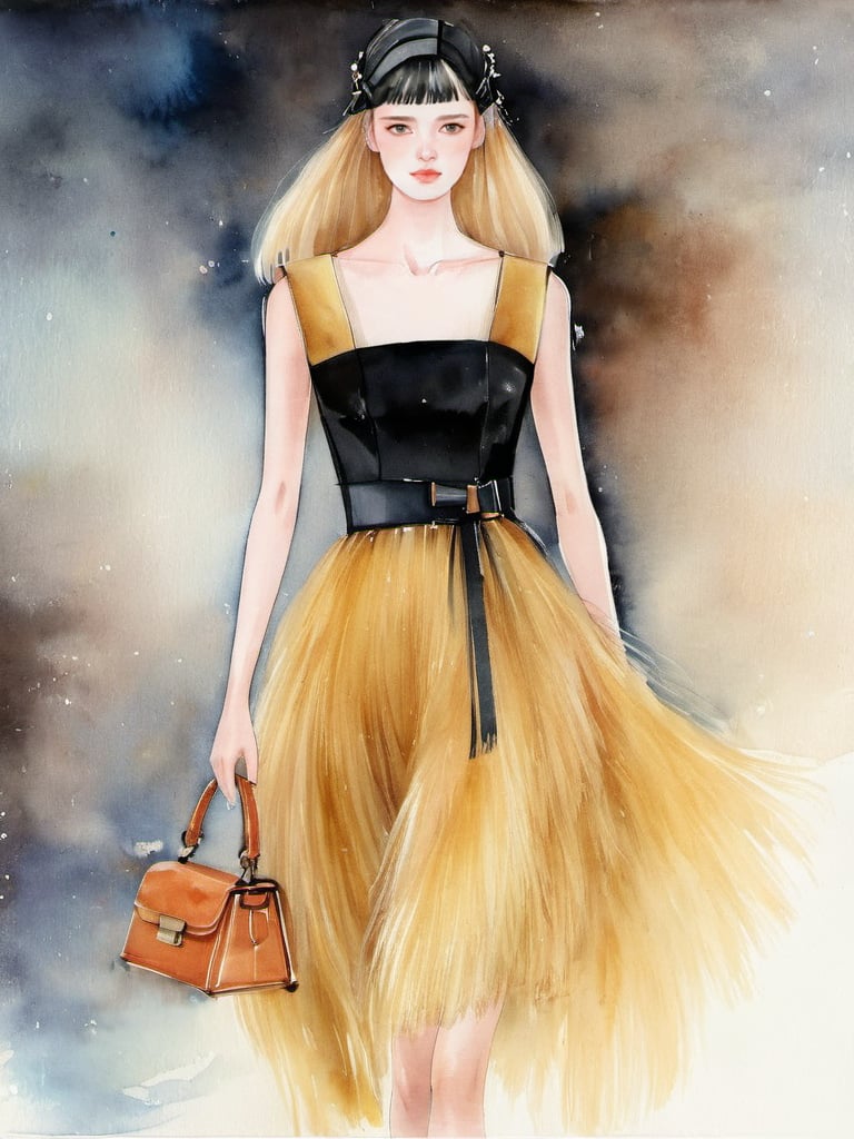 fushi, 1girl, solo, painting \(medium\), watercolor \(medium\), dress, traditional media, handbag, black hair, blonde hair, long hair <lora:服饰人物_手绘_V1.0XL:1>, masterpiece, best quality,