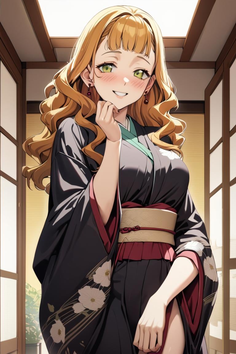 masterpiece, best quality, ultra detailed, cute, 1girl, mimosa vermillion, green eyes , wavy hair, earrings,kimono, japanese clothes, japanese background,, blush, smile ,cowboy shot, looking at viewer, best quality, absurdres, best aesthetic<lora:MimosaVermillion_XL-000009:1>