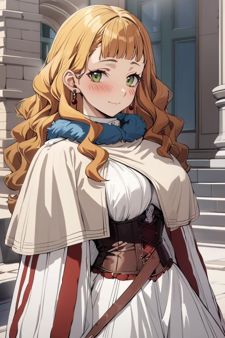 masterpiece, best quality, ultra detailed, cute, 1girl, mimosa vermillion, green eyes , wavy hair, earrings,white dress, , capelet, fur trim, corset, blush, light smile ,cowboy shot, looking at viewer, outdoors, best quality, absurdres, best aesthetic<lora:MimosaVermillion_XL-000009:0.9>