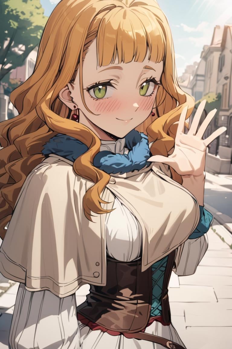 masterpiece, best quality, ultra detailed, cute, 1girl, mimosa vermillion, green eyes , wavy hair, earrings,white dress, , capelet, fur trim, corset, belt, waving hand, saying hi, blush, light smile ,cowboy shot, looking at viewer, outdoors, best quality, absurdres, best aesthetic<lora:MimosaVermillion_XL-000009:1>