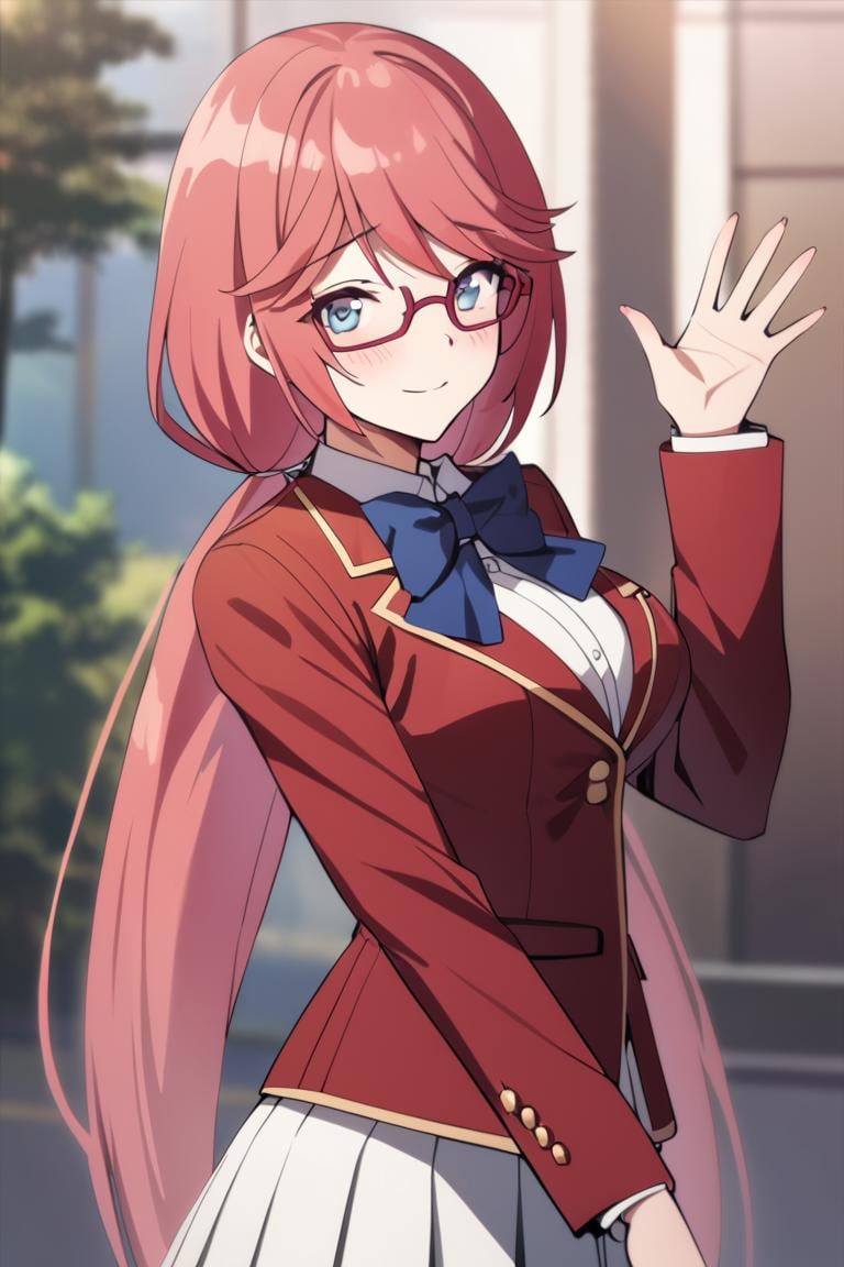 masterpiece, best quality, , cute,1girl, solo, female, airi sakura, blue eyes,, long hair, red hair, low twintails, glasses, school uniform, bow tie, red jacket, white skirt, pleated skirt, waving hand, saying hi, outdoors, upper body, blush, light smile, cowboy shot, looking at viewer,best quality, absurdres, very aesthetic, best aesthetic <lora:Airi_sakura_XL:0.9>