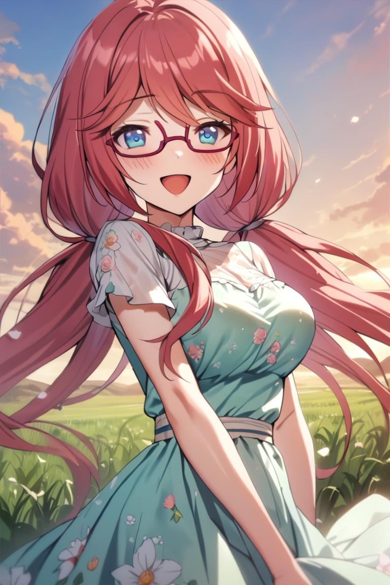 masterpiece, best quality, , cute,1girl, solo, female, airi sakura, blue eyes,, long hair, red hair, low twintails, glasses,prairie, floral dress, flower dress, detailed dress, dress ornaments, outdoors, happy, smile, :D, daylight, sunlight,  blush,, cowboy shot, looking at viewer, colorful, vivid,best quality, absurdres, very aesthetic, best aesthetic <lora:Airi_sakura_XL:0.9>