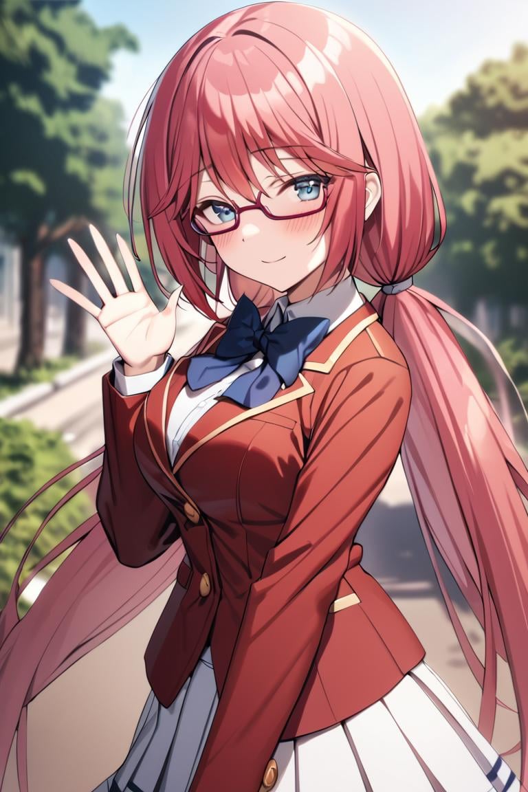 masterpiece, best quality, ultra detailed, cute,1girl, solo, female, airi sakura, blue eyes , long hair, red hair, low twintails, glasses,school uniform, bow tie, red jacket, white skirt, pleated skirt, waving hand, saying hi, outdoors, upper body, blush, light smile, cowboy shot, looking at viewer,best quality, absurdres, very aesthetic, best aesthetic <lora:Airi_sakura_XL-000009:0.8>