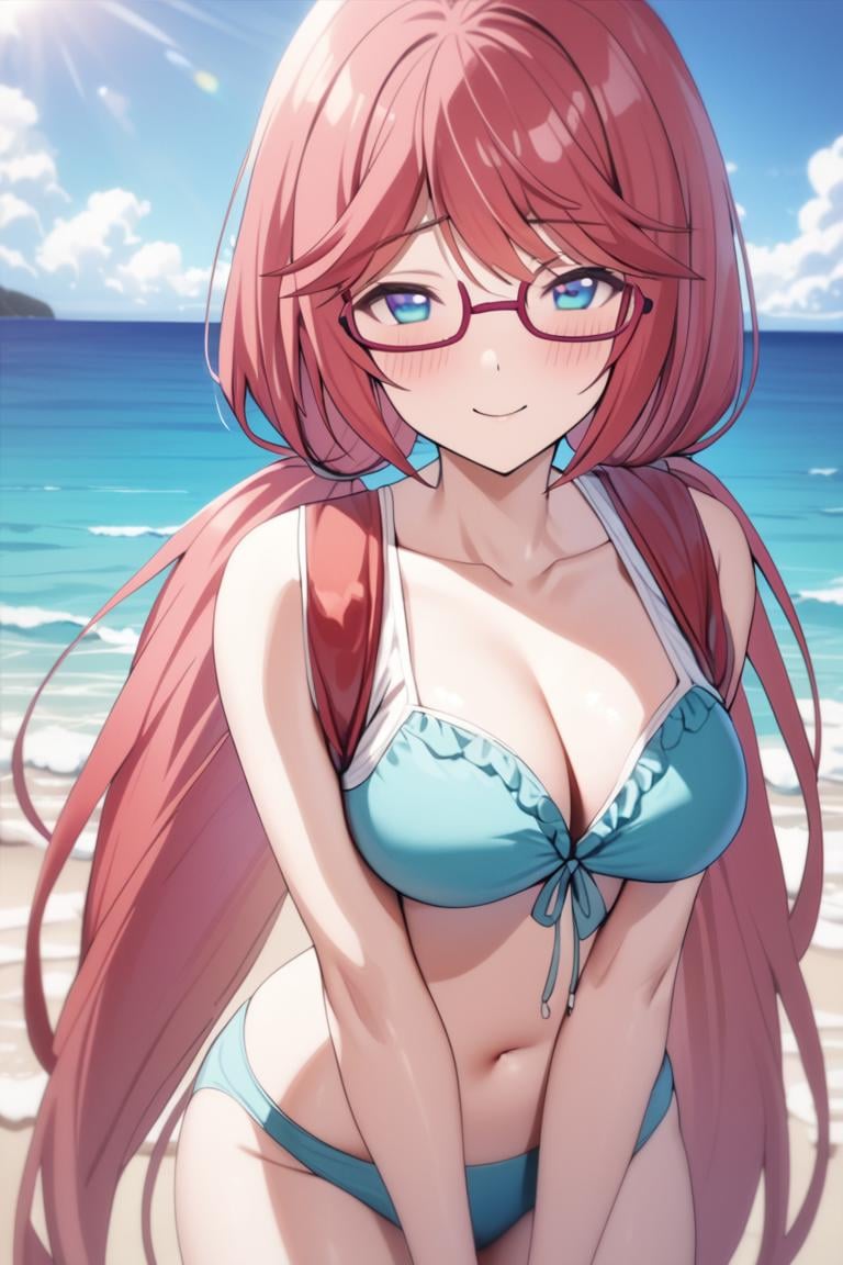 masterpiece, best quality, , cute,1girl, solo, female, airi sakura, blue eyes,, long hair, red hair, low twintails, glasses,beach, ocean, happy, smile, daylight, sunlight,  blush, light smile, cowboy shot, looking at viewer, colorful, vivid,best quality, absurdres, very aesthetic, best aesthetic <lora:Airi_sakura_XL:0.9>