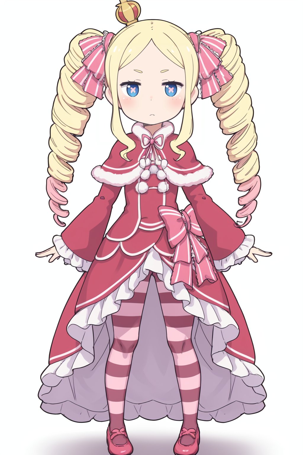 Betty<lora:Betty(test)V1:0.7>Betty, 1girl,solo,long hair,looking at viewer,blush,blue eyes,blonde hair,simple background,long sleeves,white background,dress,bow,ribbon,twintails,closed mouth,standing,full body,hair ribbon,pink hair,pantyhose,sidelocks,multicolored hair,frills,shoes,striped,wide sleeves,symbol-shaped pupils,fur trim,gradient hair,capelet,drill hair,red dress,frilled dress,crown,pink bow,frilled sleeves,twin drills,pink ribbon,jitome,mini crown,red capelet,fur-trimmed capelet,striped pantyhose