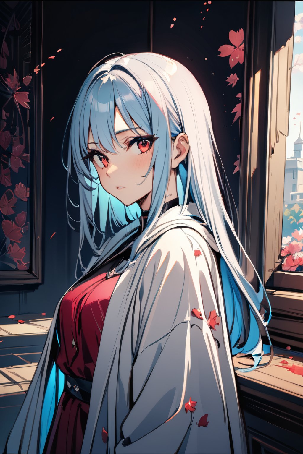 1girl,Light blue hair, red eyes, sakura leafs, vivid colors, white cloak, paint splash,white background, cinematic lighting, straight hair,masterpiece