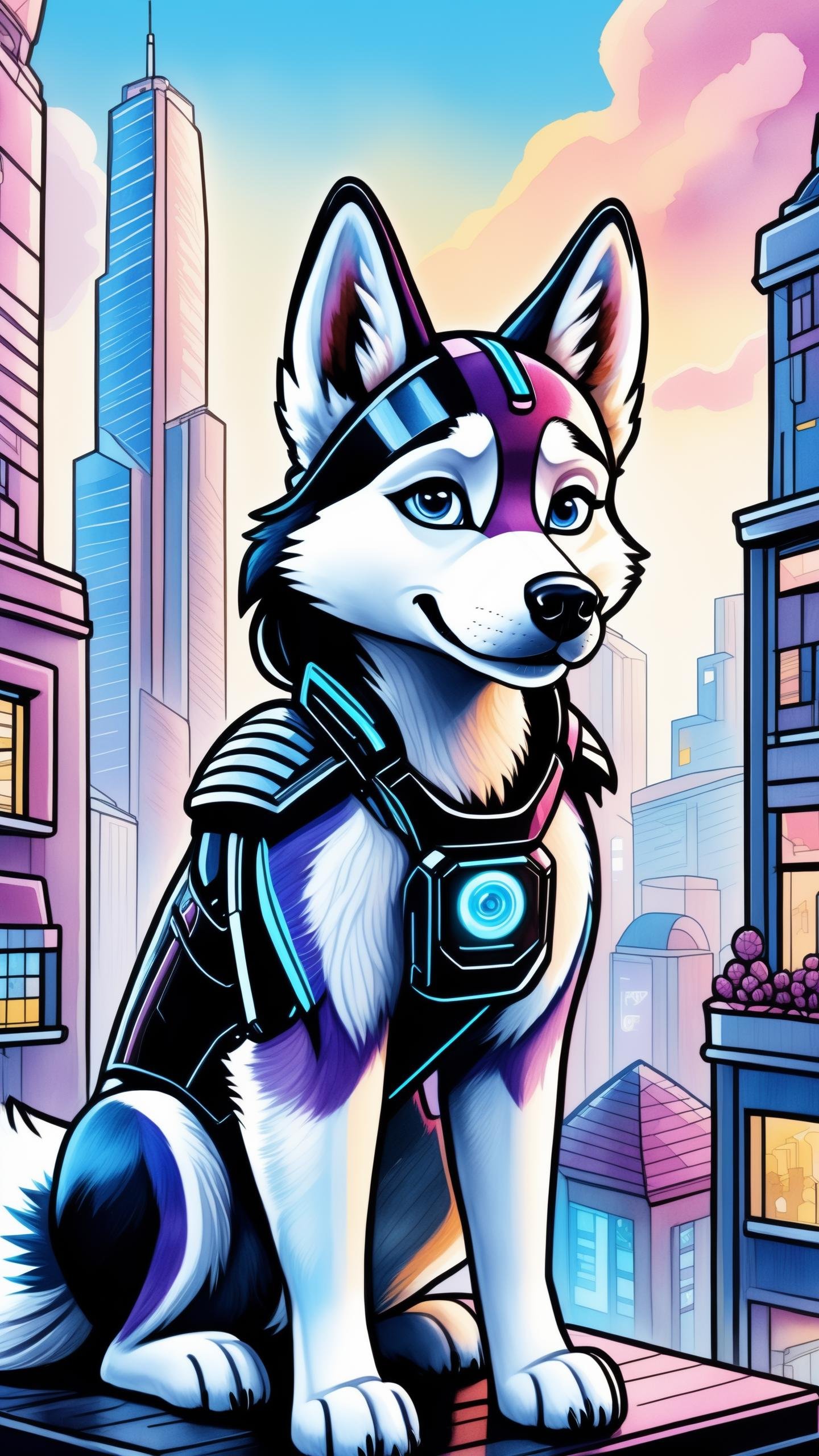 ((detailed (furry1.4) )) husky woman, cyberpunk city, cute, funny, centered, award winning watercolor pen illustration, detailed, disney, isometric illustration, drawing, by Stephen Hillenburg, Matt Groening, Albert Uderzo, detailed, realistic, 8k uhd, high quality