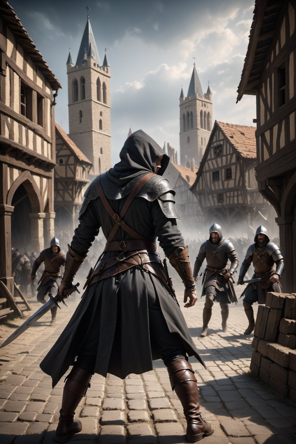 High resolution, extremely detailed, atmospheric scene, masterpiece, best quality, high resolution, 64k, high quality, UHD, 

/GC\ 

Gothic painting, medieval team fight, hold danger, background medieval city, faceing back, woman assassin, cowboy shot,

,more detail XL