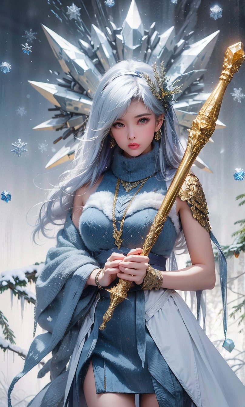 Illustrate a girl, Vivian Chow with the power of ice, featuring ice-white hair and clothing,  (The priest's costume is all white with gold trim, Sleeveless, short hem, exposing arms and thighs), (Holding an intricately carved crystal staff), set in a snowy landscape. Emphasize (((intricate details))), (((highest quality))), (((extreme detail quality))), and a (((captivating winter composition))). Use a palette of cool blues and whites, drawing inspiration from artists like Artgerm, Sakimichan, and Stanley Lau. midjourney, ((dynamic photography)),More Detail,Realism,chinatsumura, Vivian Chow