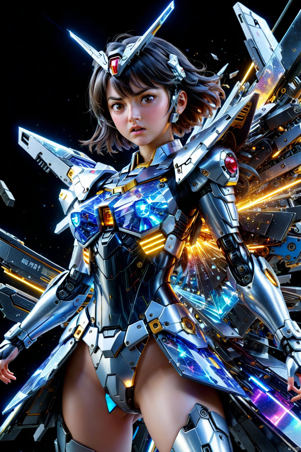  (1girl:1.3),full_body,gundam,highly realistic,glassy translucence,graceful, pose, blink-and-you-miss-it detail,Sci-fi light effects,(Illuminated circuit board:1.6),rich colors,gorgeous colors,colorful, with light beams on the face, tianqi, tqj-hd, 3D, (RAL-VLNTXPLZN and completely explosion) , self explosion.