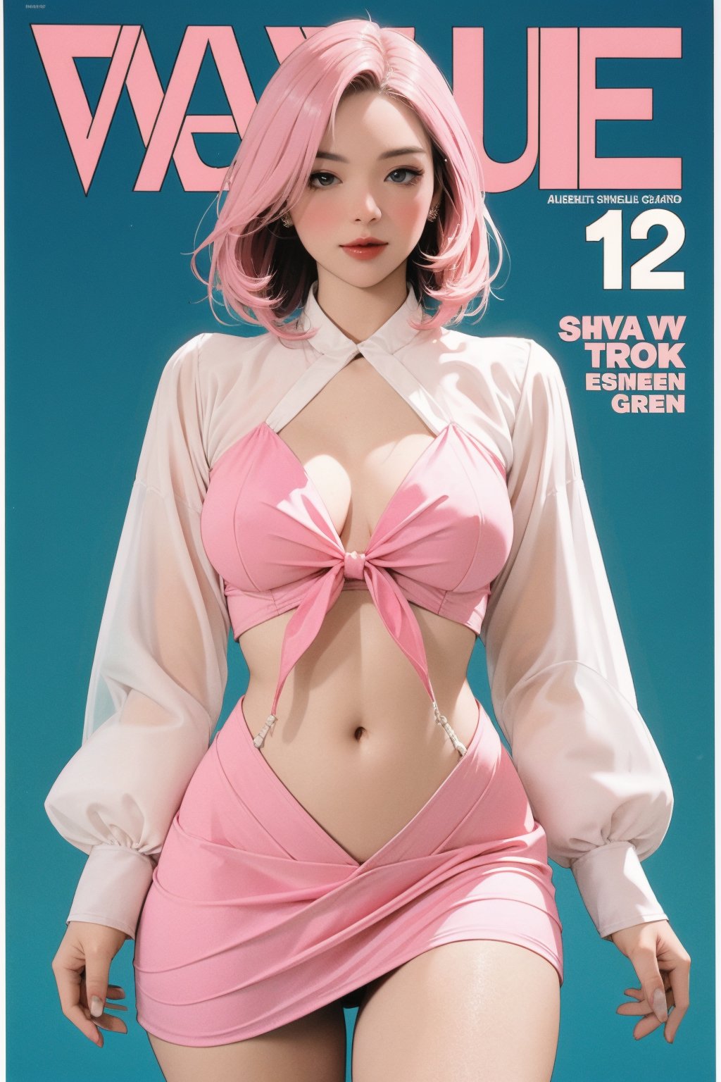 lustful, allure, sexy, 1girl, cyan pink hair, thigh up body, detailed beautiful face, detailed beautiful eyes, looking at viewer, translucent, intricate clothes, cutout clothes, navel cutout, cinematic lighting, different hairstyle, magazine cover, green background, sim