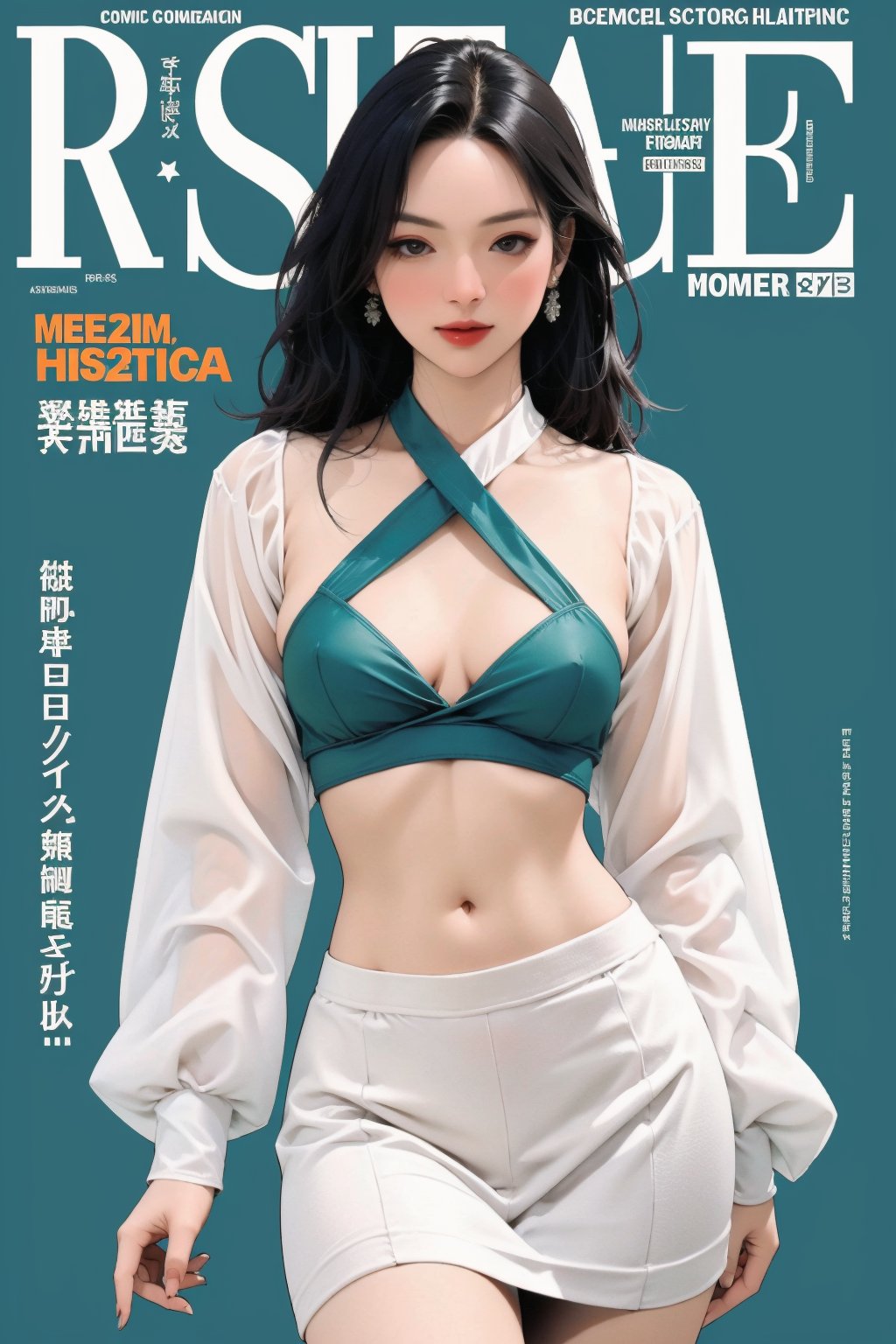 lustful, allure, sexy, 1girl, thigh up body, detailed beautiful face, detailed beautiful eyes, looking at viewer, translucent, intricate clothes, cutout clothes, navel cutout, cinematic lighting, different hairstyle, magazine cover, green background, sim