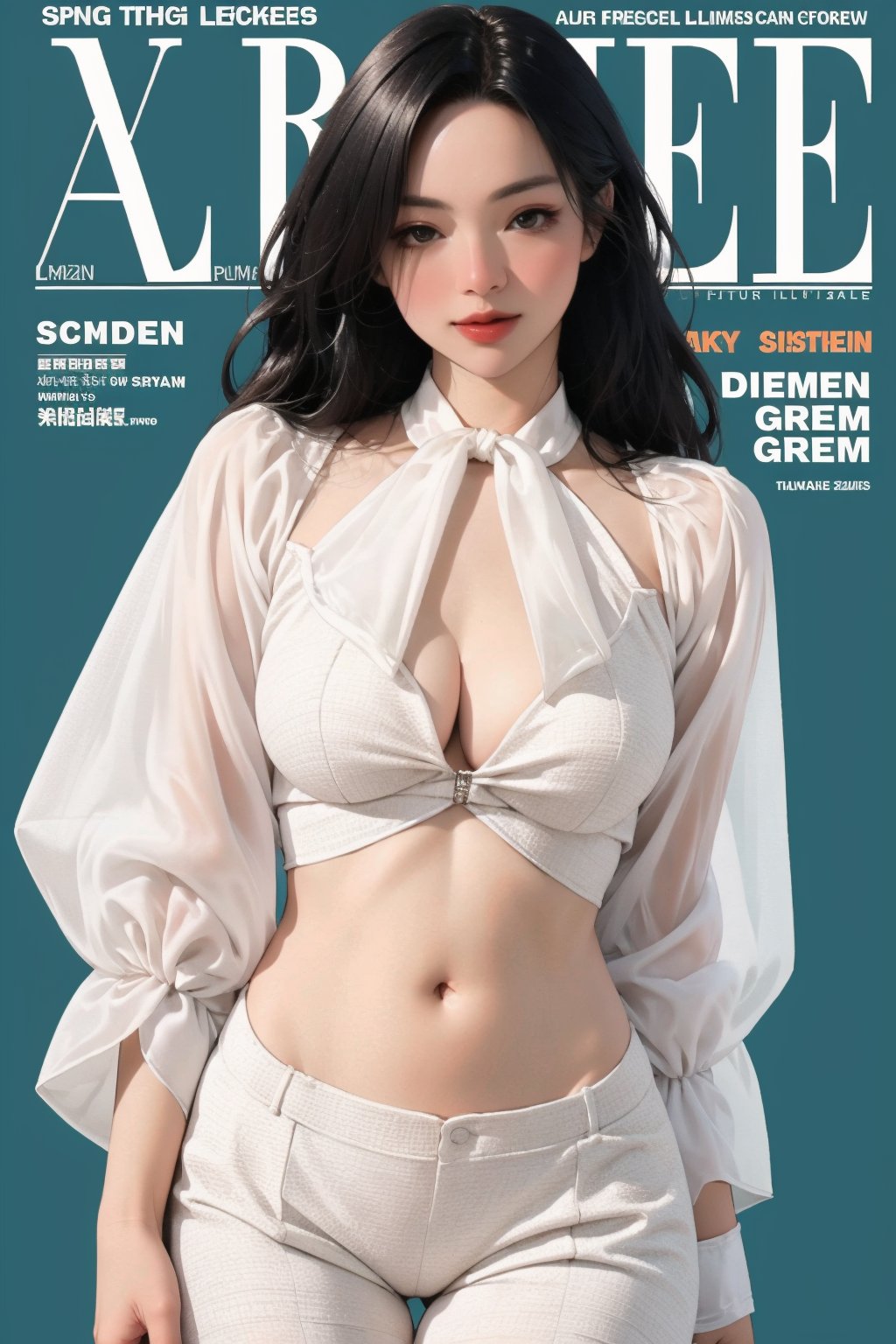 lustful, allure, sexy, 1girl, thigh up body, detailed beautiful face, detailed beautiful eyes, looking at viewer, translucent, intricate clothes, cutout clothes, navel cutout, cinematic lighting, different hairstyle, magazine cover, green background, sim